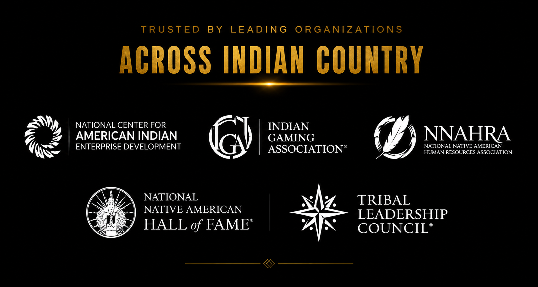 Trusted by Leading Organizations Across Indian Country — NCAIED, Indian Gaming Association, NNAHRA, National Native American Hall of Fame, Tribal Leadership Council